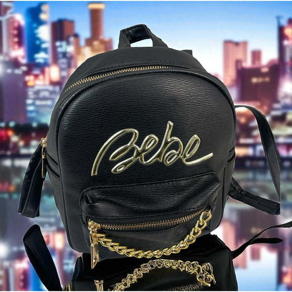 NWOT BEBE Small Black Gianna Backpack Handbag Vegan Leather Gold Logo Streetwear - Picture 1 of 15